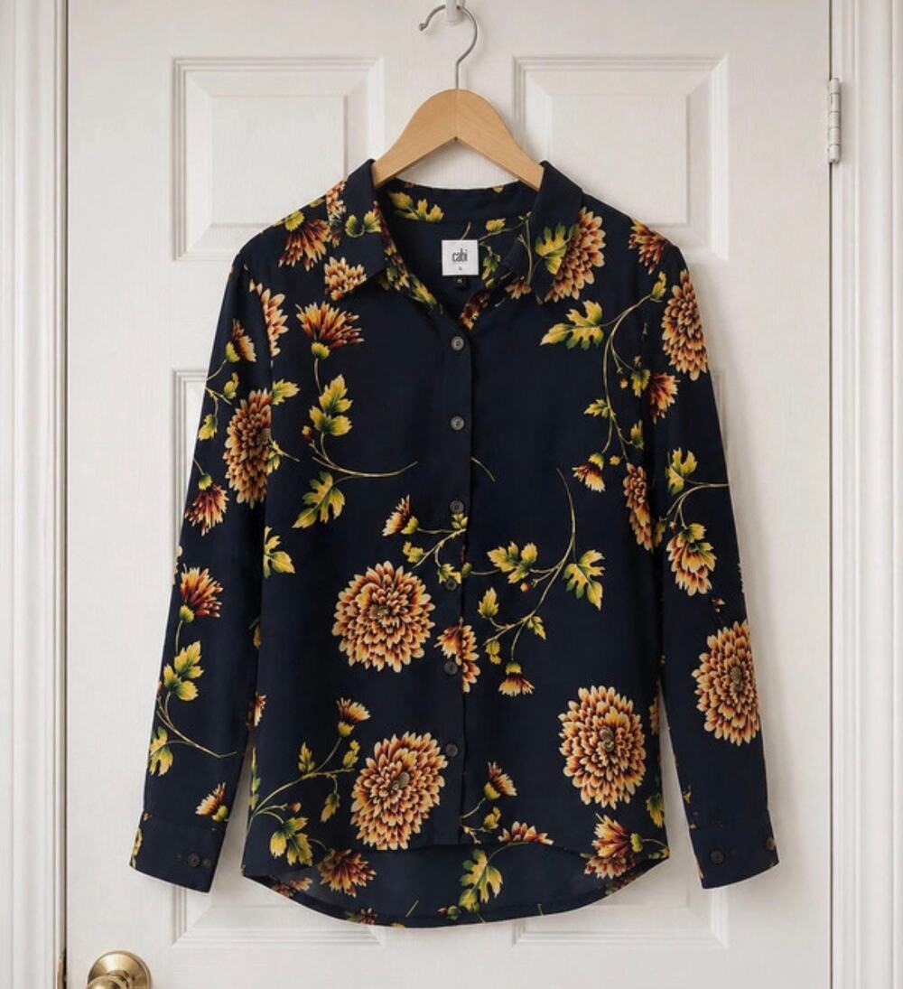 Cabi Floral Button Front Blouse Size Small Navy Multi Long Sleeve Top